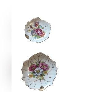 Nasco Vintage Floral Leaf Trinket with Gold Trim 4”&5”
